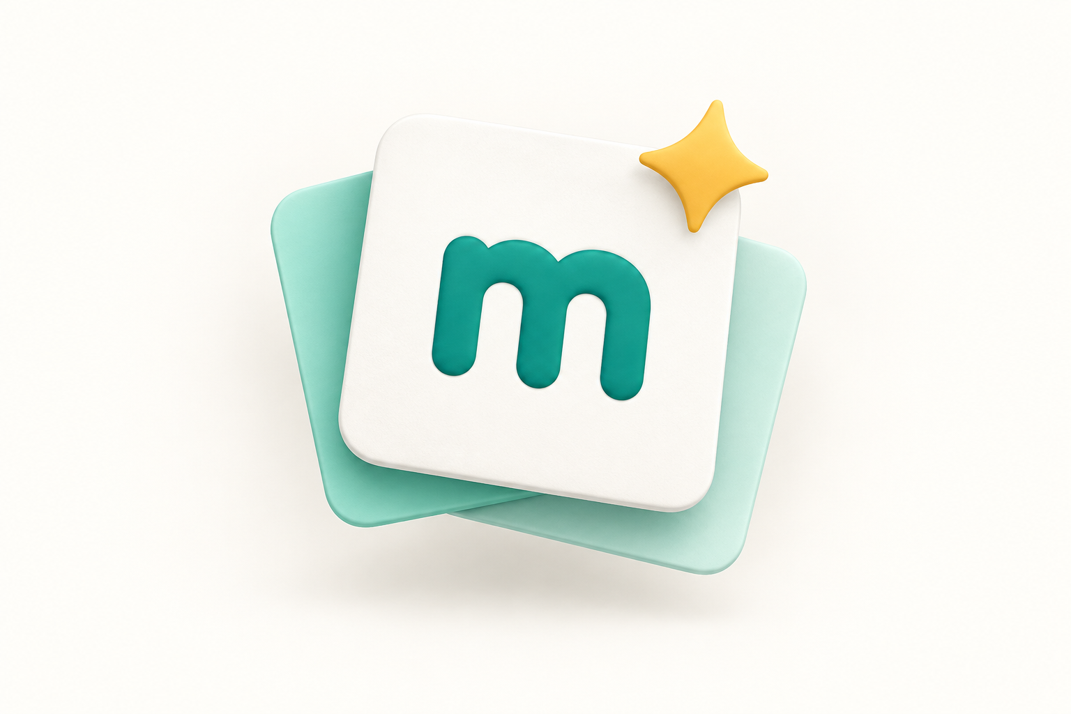 Mosuのmをあしらった、重なり合うミント色と白い単語カード